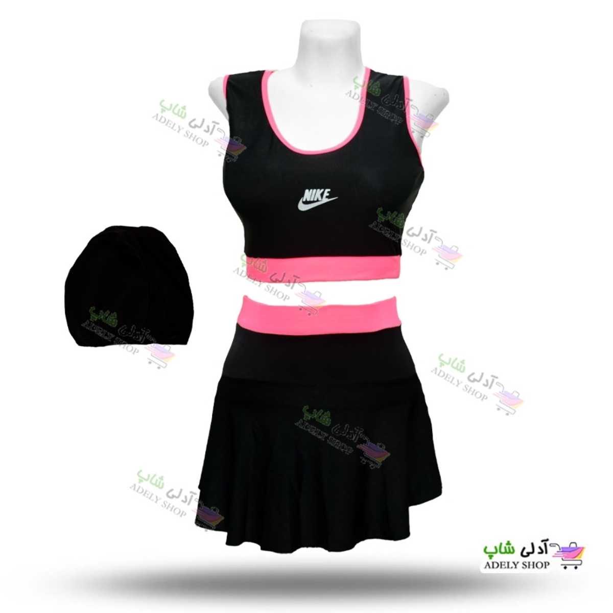 تصویر مایو دو تکه دامن دار زنانه و دخترانه به همراه کلاه