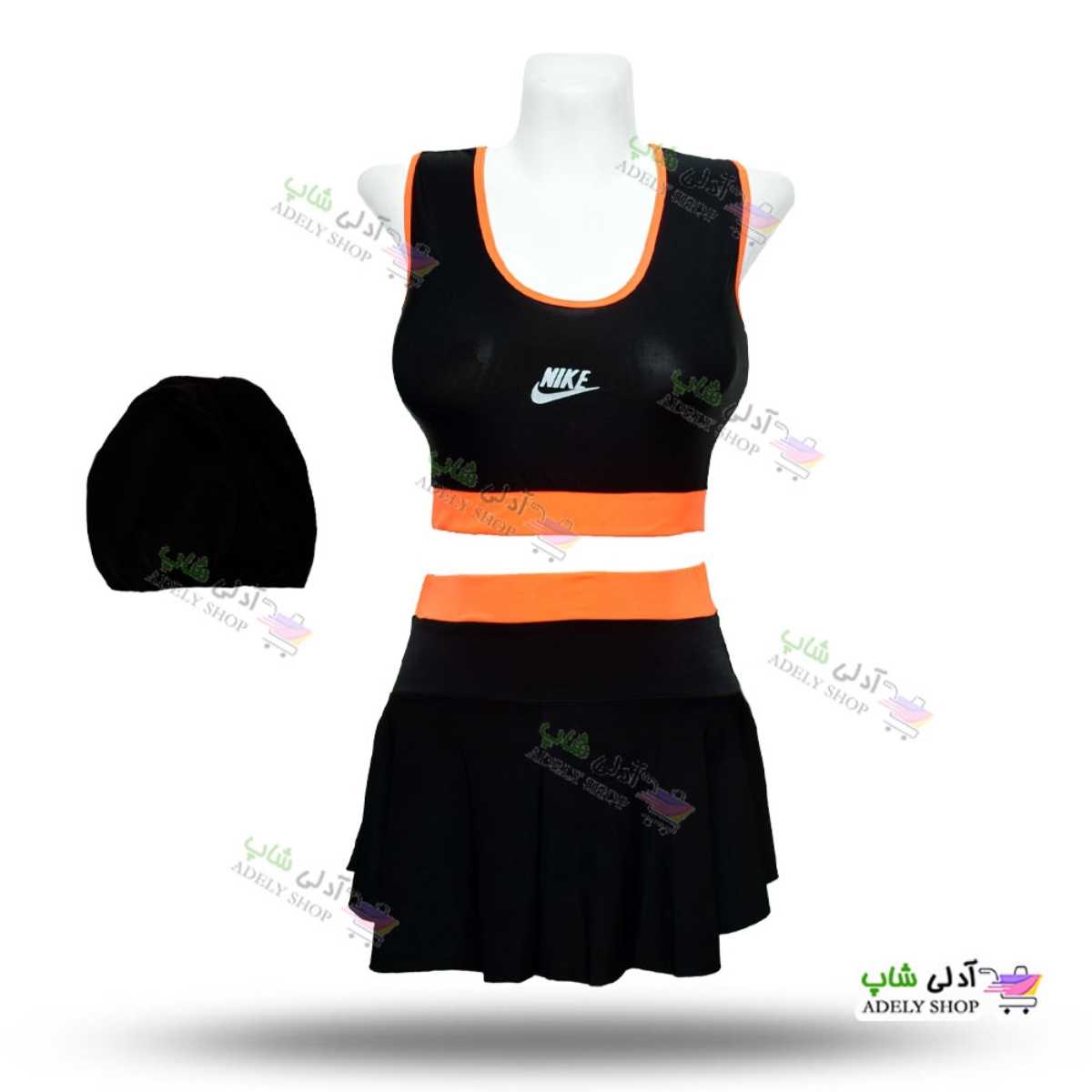 تصویر مایو دو تکه دامن دار زنانه و دخترانه به همراه کلاه