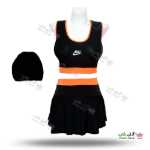 تصویر مایو دو تکه دامن دار زنانه و دخترانه به همراه کلاه