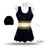 تصویر مایو دو تکه دامن دار زنانه و دخترانه طرح ملوانی به همراه کلاه