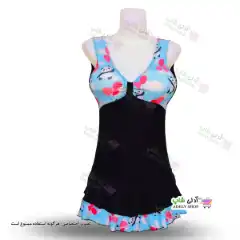 تصویر مایو دامن دار زنانه و دخترانه طرح دار با کاپ سینه و کلاه