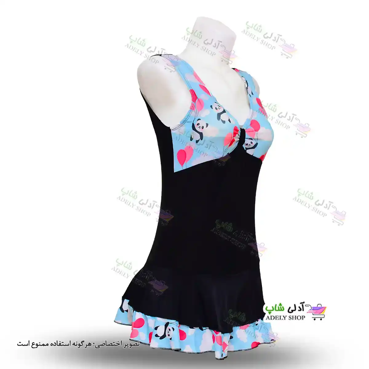 تصویر مایو دامن دار زنانه و دخترانه طرح دار با کاپ سینه و کلاه