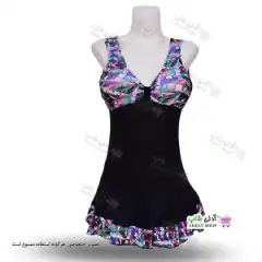 تصویر مایو دامن دار زنانه و دخترانه طرح دار با کاپ سینه و کلاه