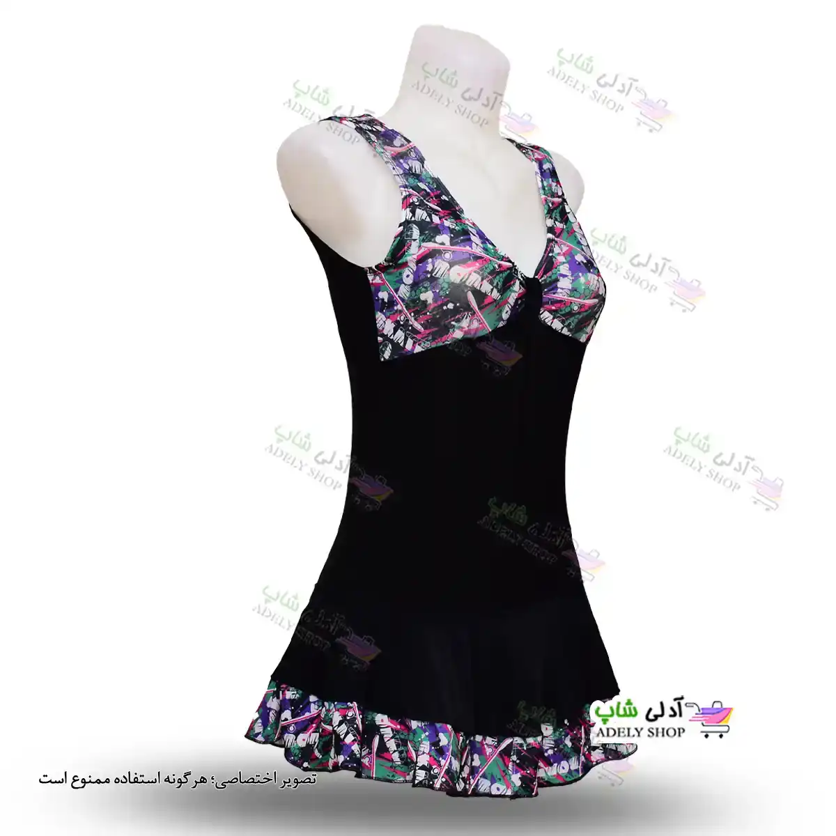 تصویر مایو دامن دار زنانه و دخترانه طرح دار با کاپ سینه و کلاه