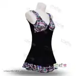 تصویر مایو دامن دار زنانه و دخترانه طرح دار با کاپ سینه و کلاه