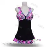 تصویر مایو دامن دار زنانه و دخترانه طرح دار با کاپ سینه و کلاه