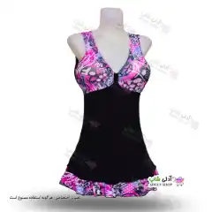 تصویر مایو دامن دار زنانه و دخترانه طرح دار با کاپ سینه و کلاه