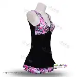 تصویر مایو دامن دار زنانه و دخترانه طرح دار با کاپ سینه و کلاه