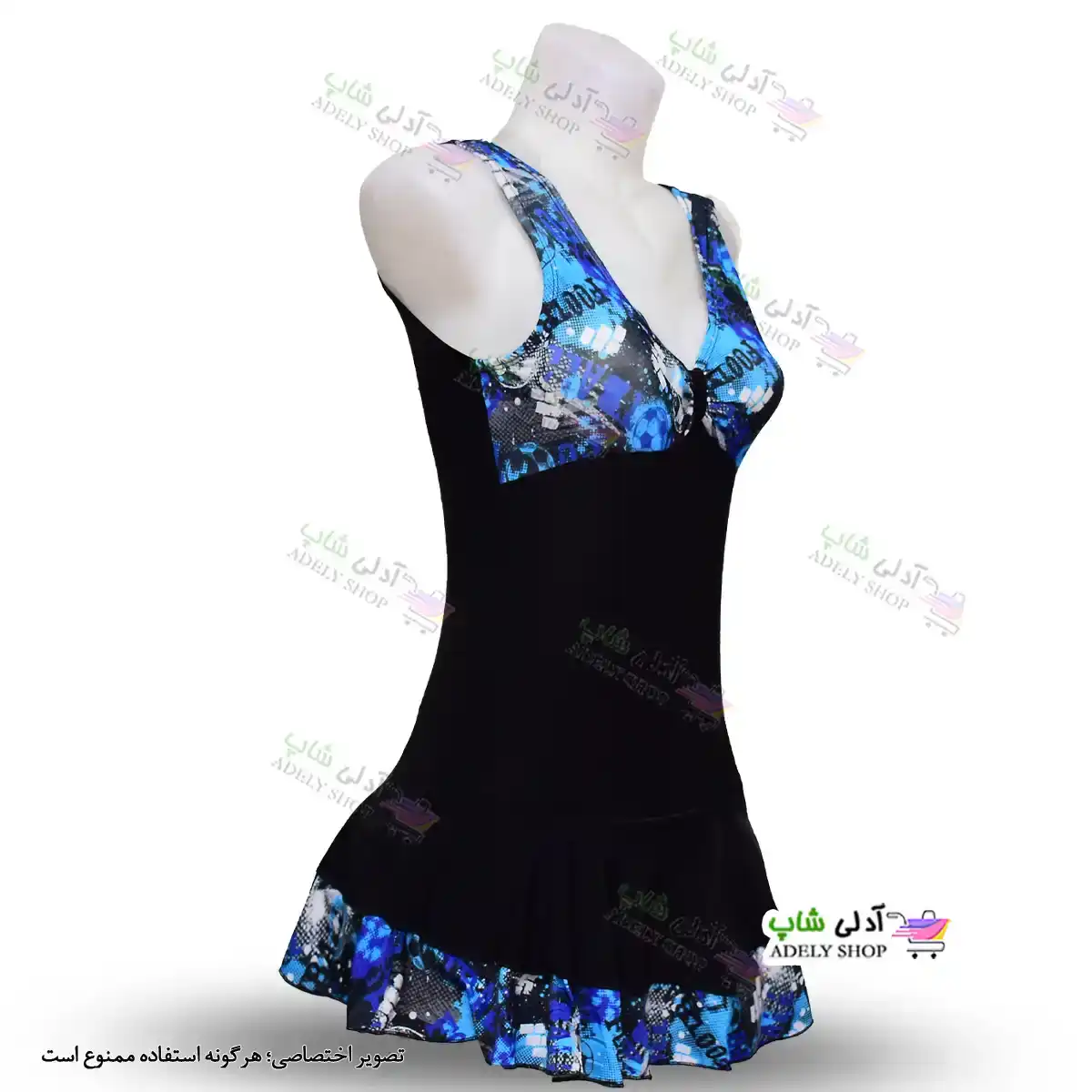 تصویر مایو دامن دار زنانه و دخترانه طرح دار با کاپ سینه و کلاه