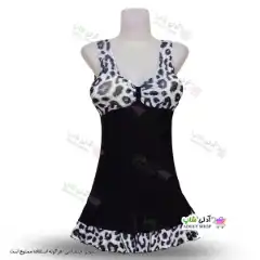 تصویر مایو دامن دار زنانه و دخترانه پلنگی با کاپ سینه و کلاه