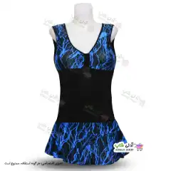 تصویر مایو دامن دار زنانه و دخترانه طرح صاعقه کاپدار به همراه کلاه 44-52آبی