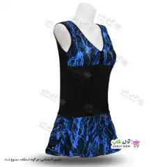 تصویر مایو دامن دار زنانه و دخترانه طرح صاعقه کاپدار به همراه کلاه 44-52آبی