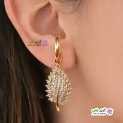 تصویر گوشواره بسیار زیبای نگین دار ژوپینگ طرح برگ با آبکاری طلا