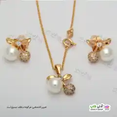 تصویر ست گوشواره مرواریدی نگین دار ژوپینگ طرح گیلاس با آبکاری طلا